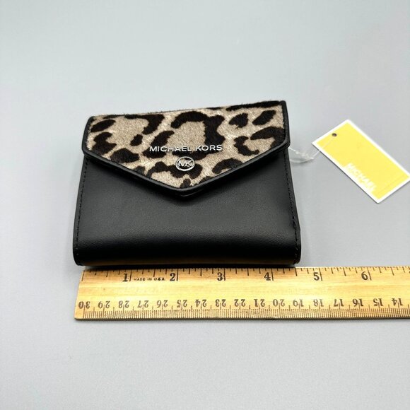 Michael Kors Black Leather Leopard Print Heather Grey Calf Hair Trifold Wallet - Picture 13 of 16
